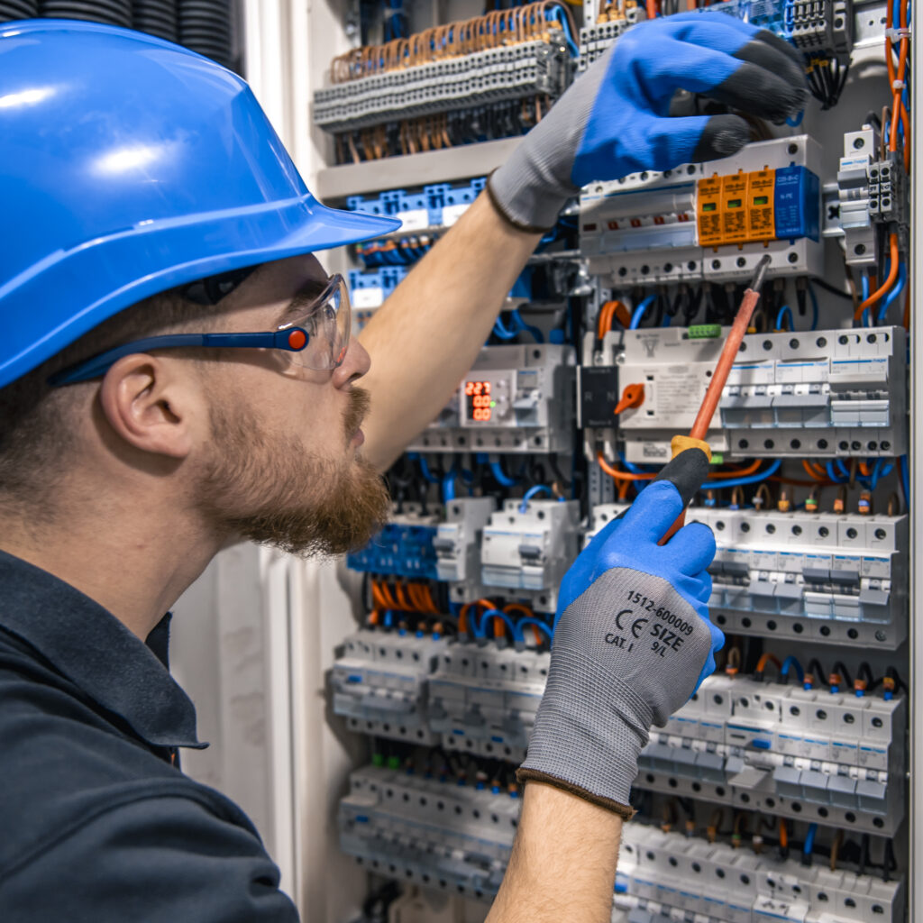 Male electrician working in a switchboard with fuses. Installation and connection of electrical equipment. Professional with tools in hand. SSUCv3H4sIAAAAAAAACpySwW7CMAyG75P2DlXOVGpJKZRXQTu4TqARIUFJyjQh3n1O0qLsukOl+rP923/d5+dHVbERvEJ2rJ4xolhpPfvgIChrCDebhTtphHQleTjeNyUAVUZSqGCdAl3CEQJOBm6SoJm1jviVkswHCLOXPu6yIIQgL6SR4VsiL3zKcbUmUpI6KMXYpmB+HhNbURb/V2d++XobvkiDP2nhwoiTWkI2csql7PodpLuV1mAWyhauHhZBxwJeKIG6g4M/fXenUJlLQWyY0l1WJbSzCS5u9TbDtLV3GHX86mcaI1c+gfdULlZezEb6C+ytmGNsSJ4WVSboODFsOd/12z2nZz/0Hd8PS0E+6KRIJ62zClGMVyVKVypuwLAfcCvavu4OAHXXDlgfsD/UeN41ooWGd1LSLV6/AAAA//8DACcpxHG5AgAA